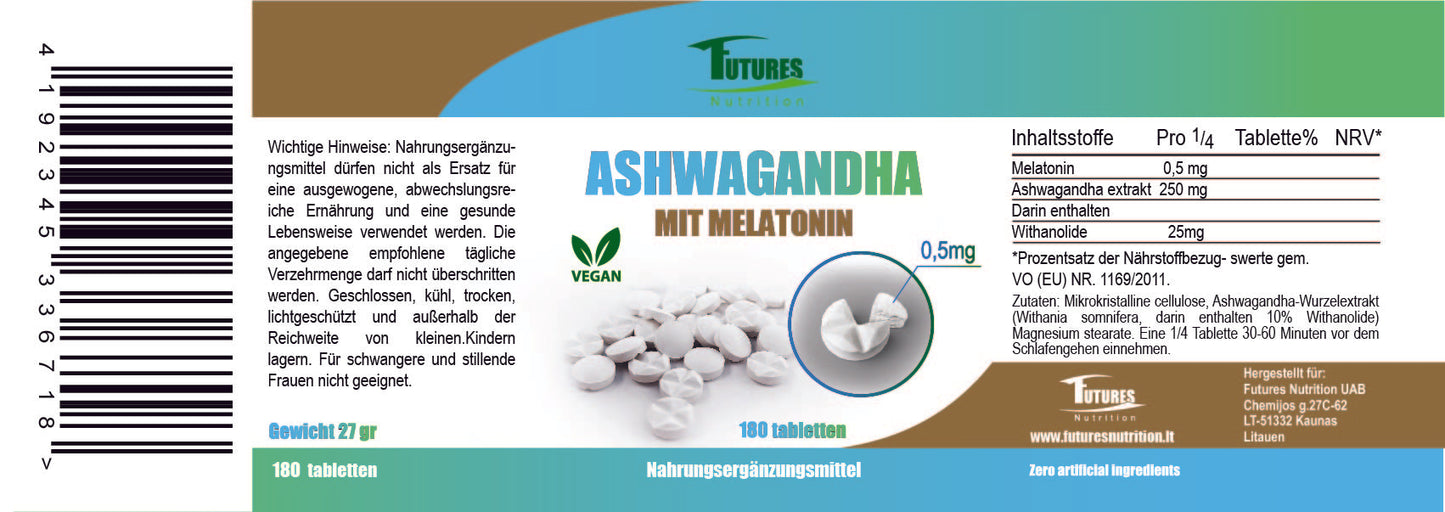 Ashwagandha mit Melatoni Pulver Ashwagandha Wurzel gemahlen - 180 tabletten