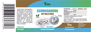 Ashwagandha mit Melatoni Pulver Ashwagandha Wurzel gemahlen - 180 tabletten