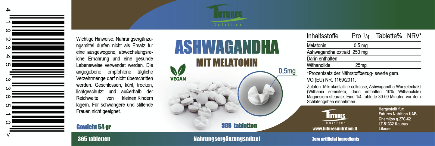 Ashwagandha mit Melatonin 365 Tabletten Flasche Rückseite
