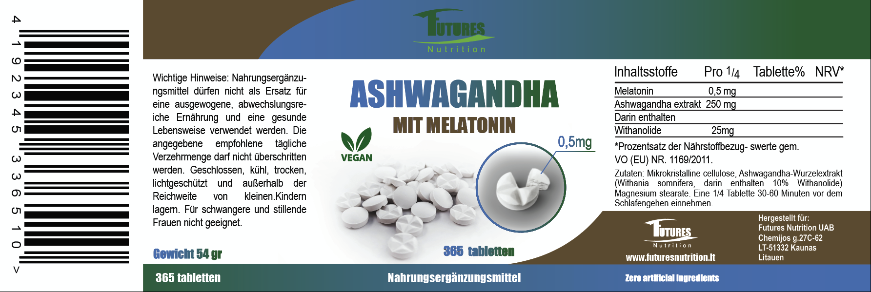 Ashwagandha mit Melatonin 365 Tabletten Flasche Rückseite
