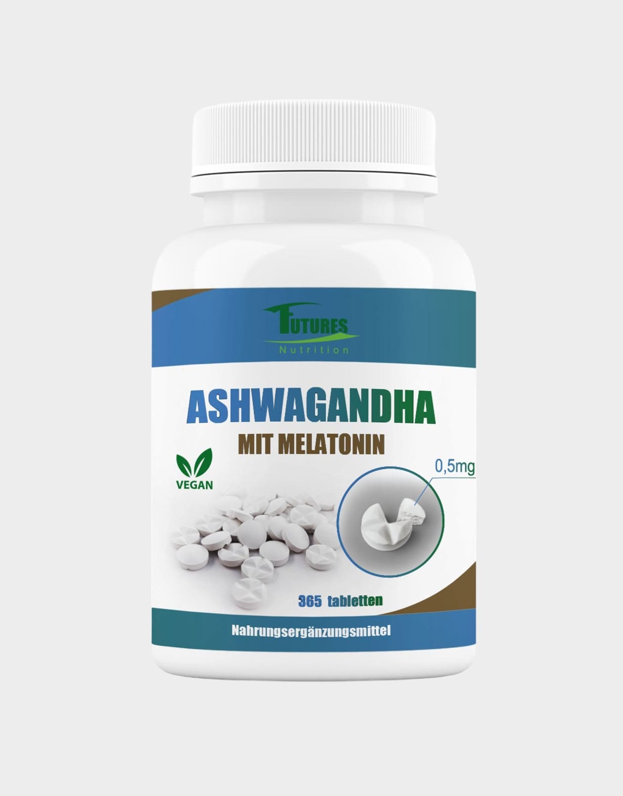 Ashwagandha mit Melatonin 365 Tabletten Flasche Vorderseite
