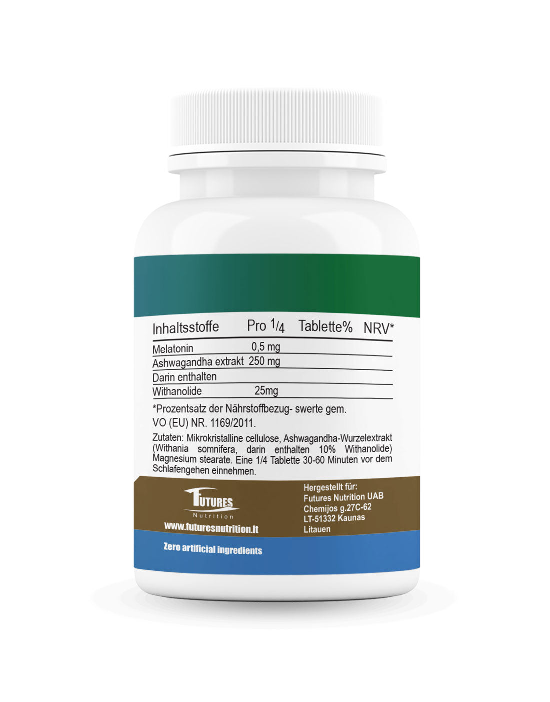 Ashwagandha mit Melatonin 365 Tabletten Seitenansicht
