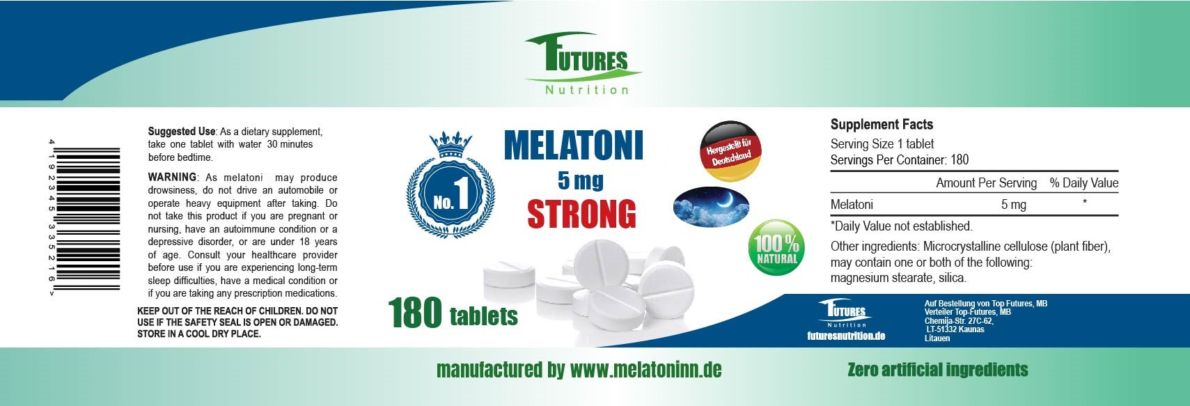 Melatonin 5 mg 180 Tabletten Etikett Rückseite
