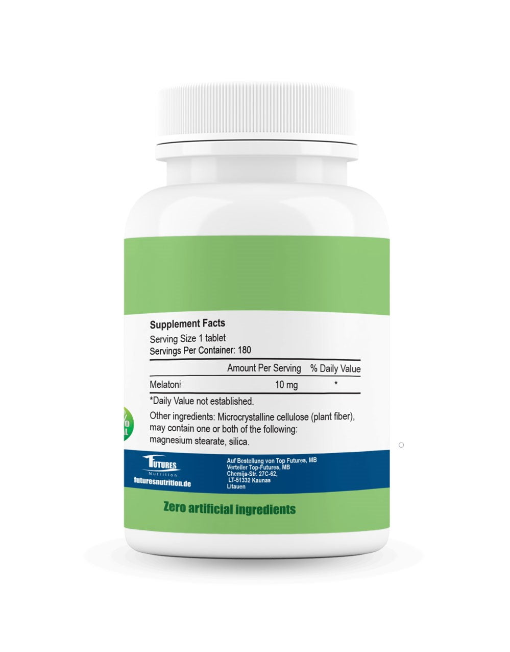 Detailaufnahme des Melatonin 10 mg Produkts – Originaldesign von Futures Nutrition